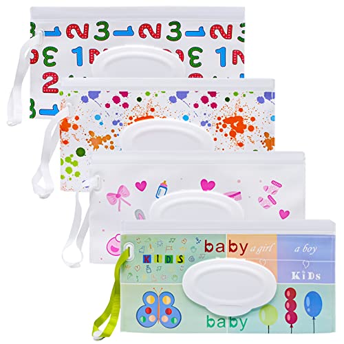 4 Pack Travel Wet Wipes Pouch, Baby Refillable Wet Wipes Dispenser, Portable Wet Wipes Holder, Reusable Wet Wipes Cases Bag, 9.65 x 5.43 Inch(QW-23)